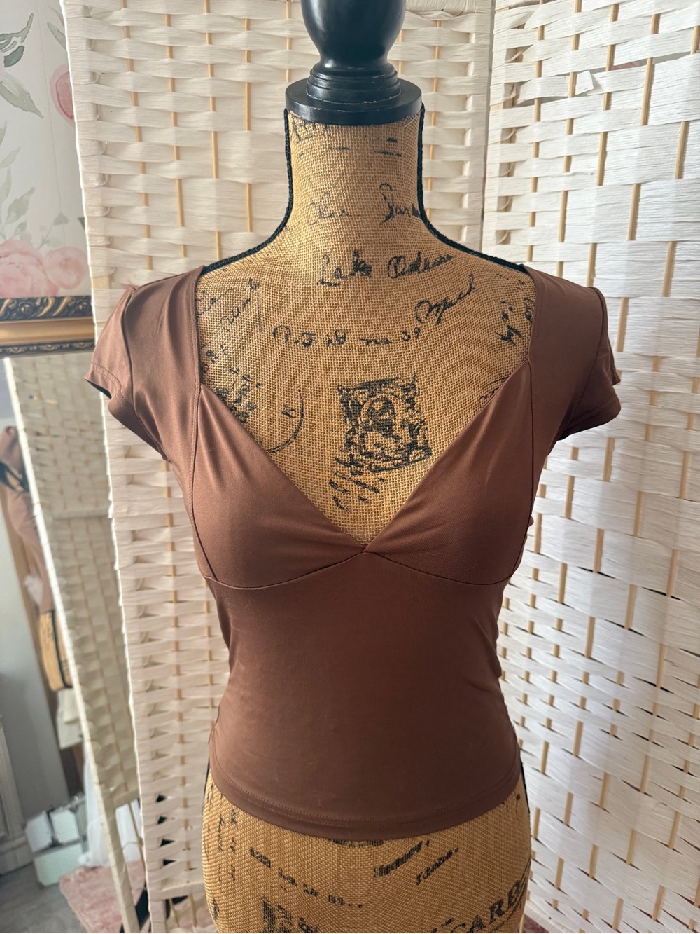 Brown V-Neck Cap Sleeve Top
